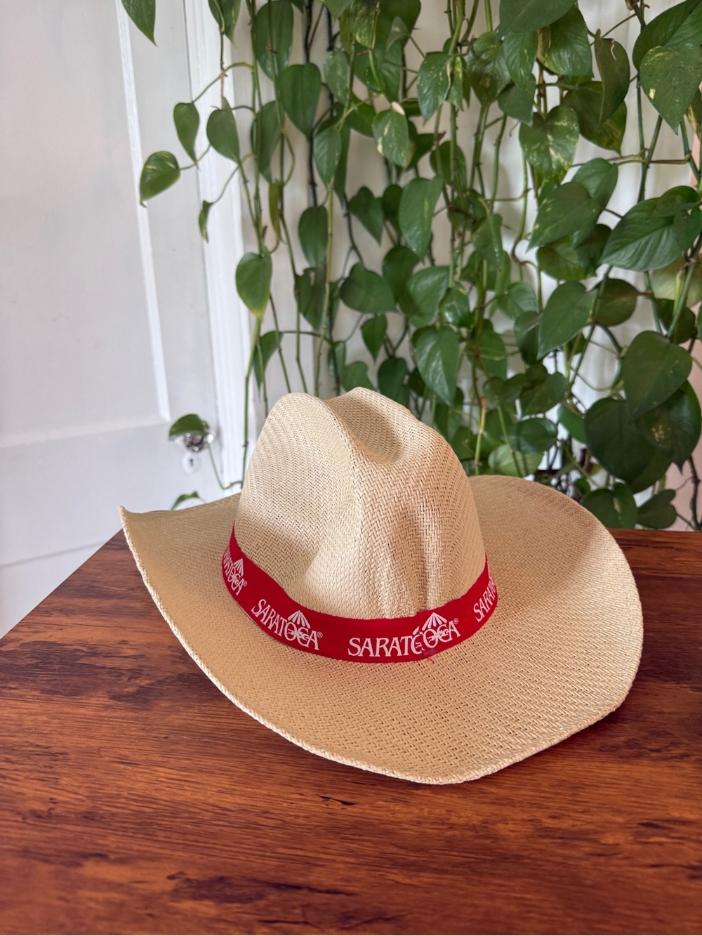 Natural Straw Cowboy Hat with Red Saratoga Band